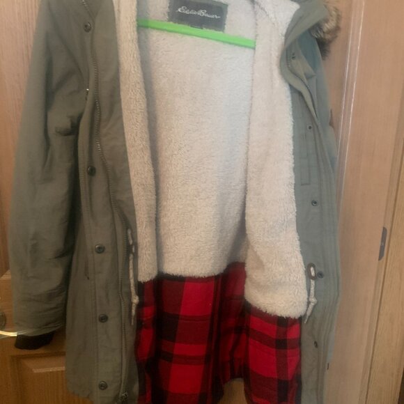 Eddie Bauer Ladder Creek High-Pile Parka Faux Fur Hood Cinch Waist, Sz Lg - Picture 7 of 10